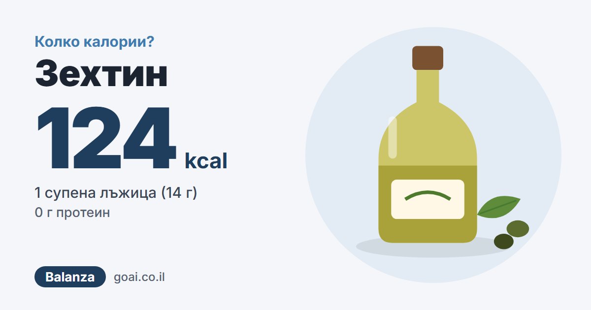 Зехтин: 124 kcal, 1 супена лъжица (14 г)
