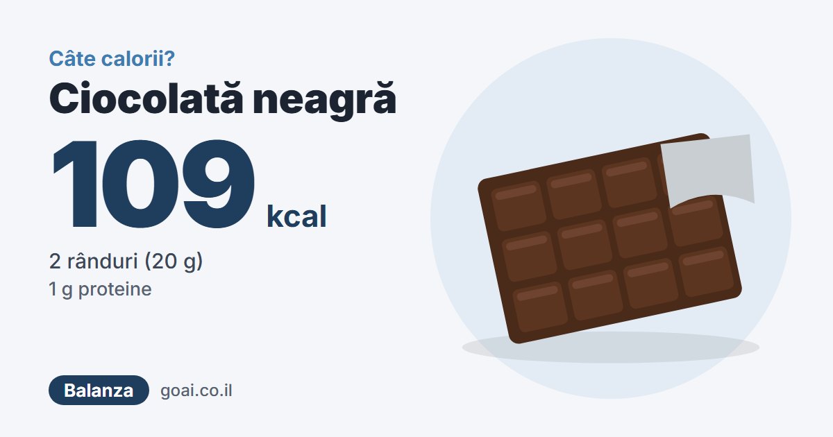 Ciocolată neagră: 109 kcal, 2 rânduri (20 g)