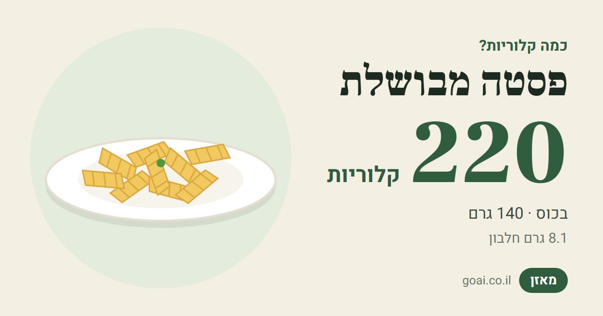 פסטה מבושלת: 220 קלוריות בכוס (140 גרם), 8.1 גרם חלבון