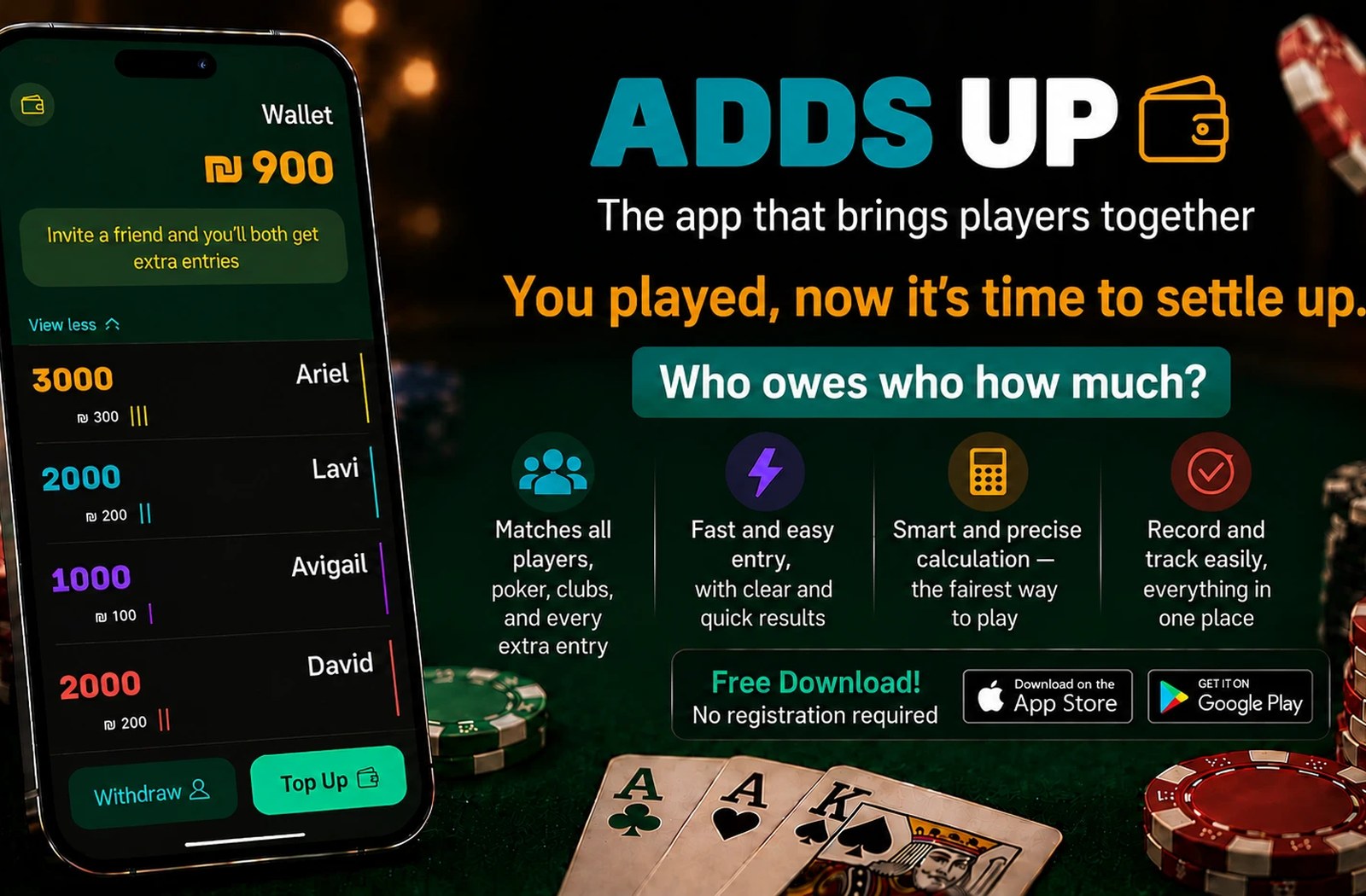 Adds Up: Who bought in, how much, and who owes whom when the night ends.