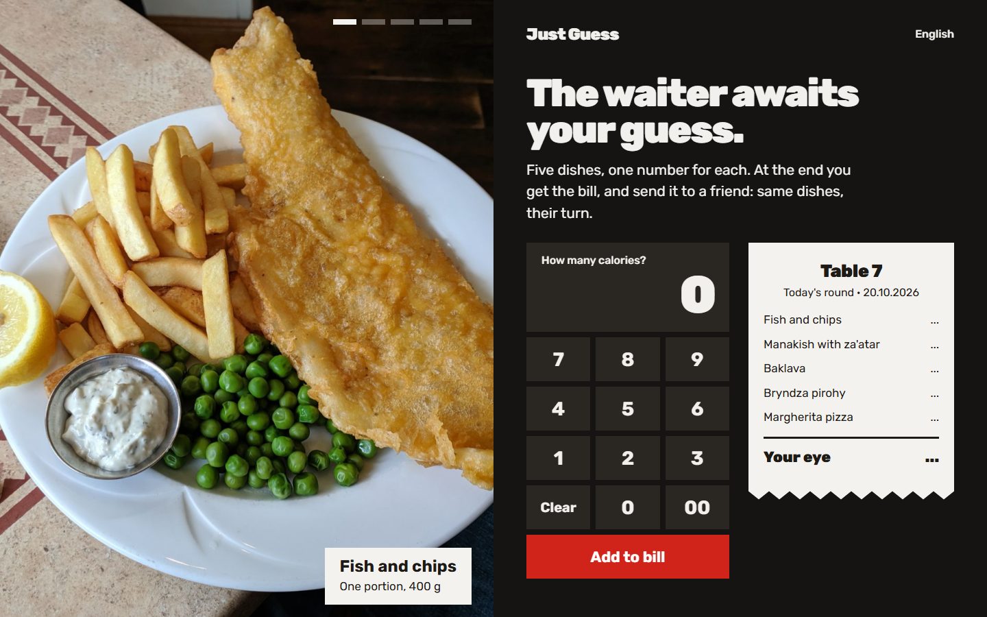Online calorie guessing game: a photo of the dish, a cash register keypad for the guess, and a waiter's bill with the five dishes of the round