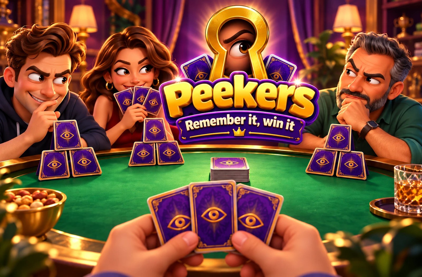 Peekers: A free card and memory game for Android: three face-down cards in a pyramid, one three-second peek, and everything else happens in your