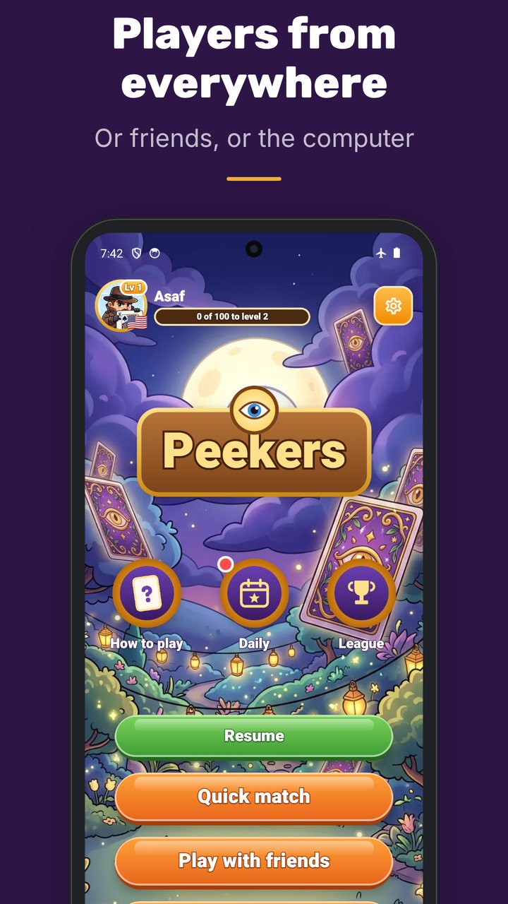 Peekers - home screen: quick match, play with friends, play the computer, Operation Zero and league