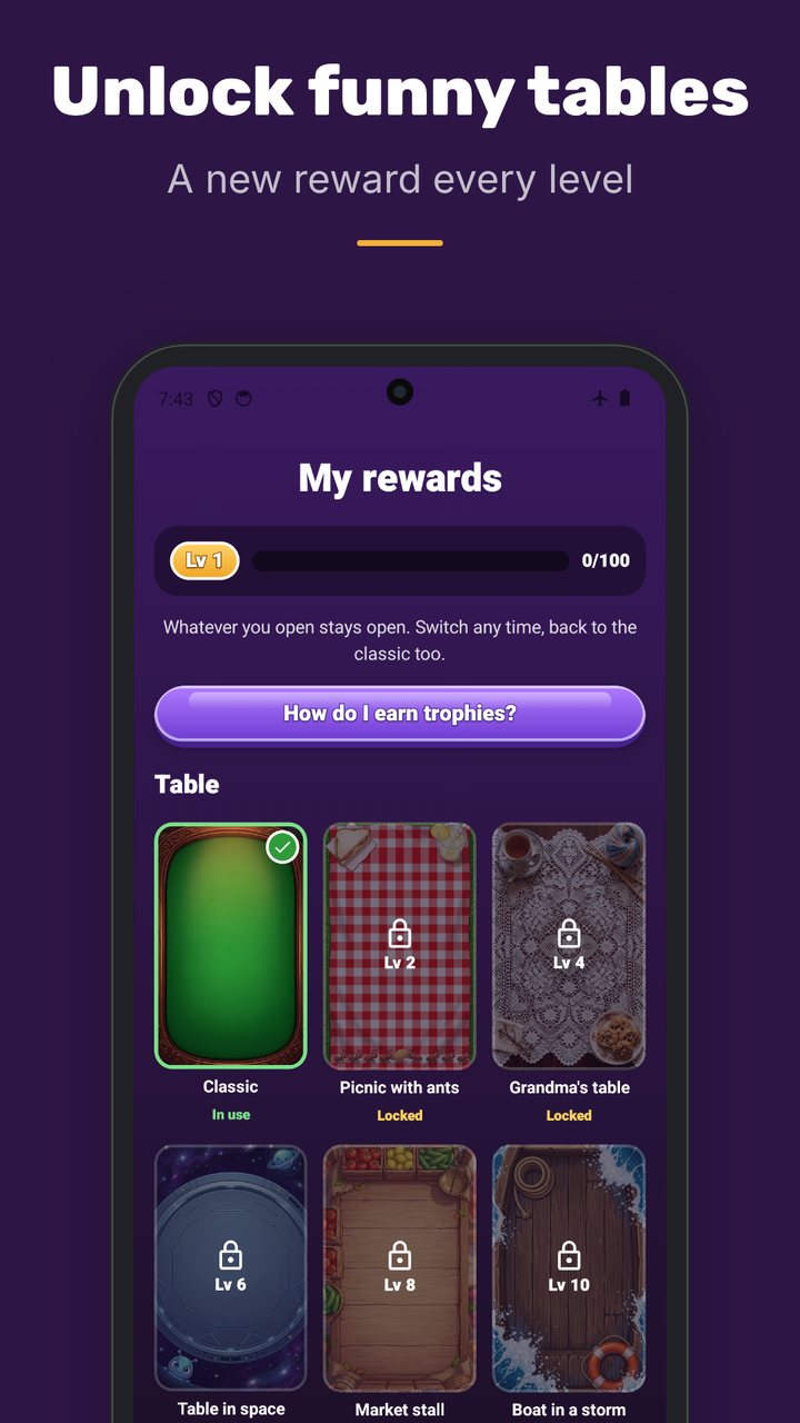 Peekers - my rewards: tables and card backs that open with levels