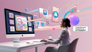 A vibrant, modern digital workspace with a creative professional sitting at a sleek desk, AI-generated images emerging from the screen