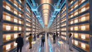 Towering shelves filled with glowing data