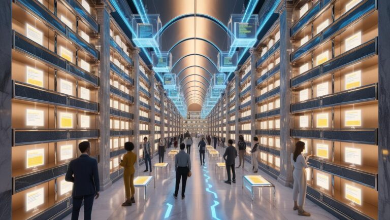 ספריית פרומפטים עם מעל 300 פרומפטים במגוון נושאים Towering shelves filled with glowing data