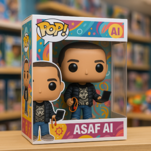 דמות Funko POP בהתאמה אישית, בתוך קופסת צעצועים שקופה, עם אביזרים ייחודיים על מדף בחנות צעצועים