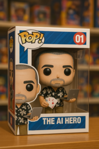 איור של דמות Funko POP בהתאמה אישית, בתוך קופסת צעצועים שקופה, עם אביזרים ייחודיים על מדף בחנות צעצועים