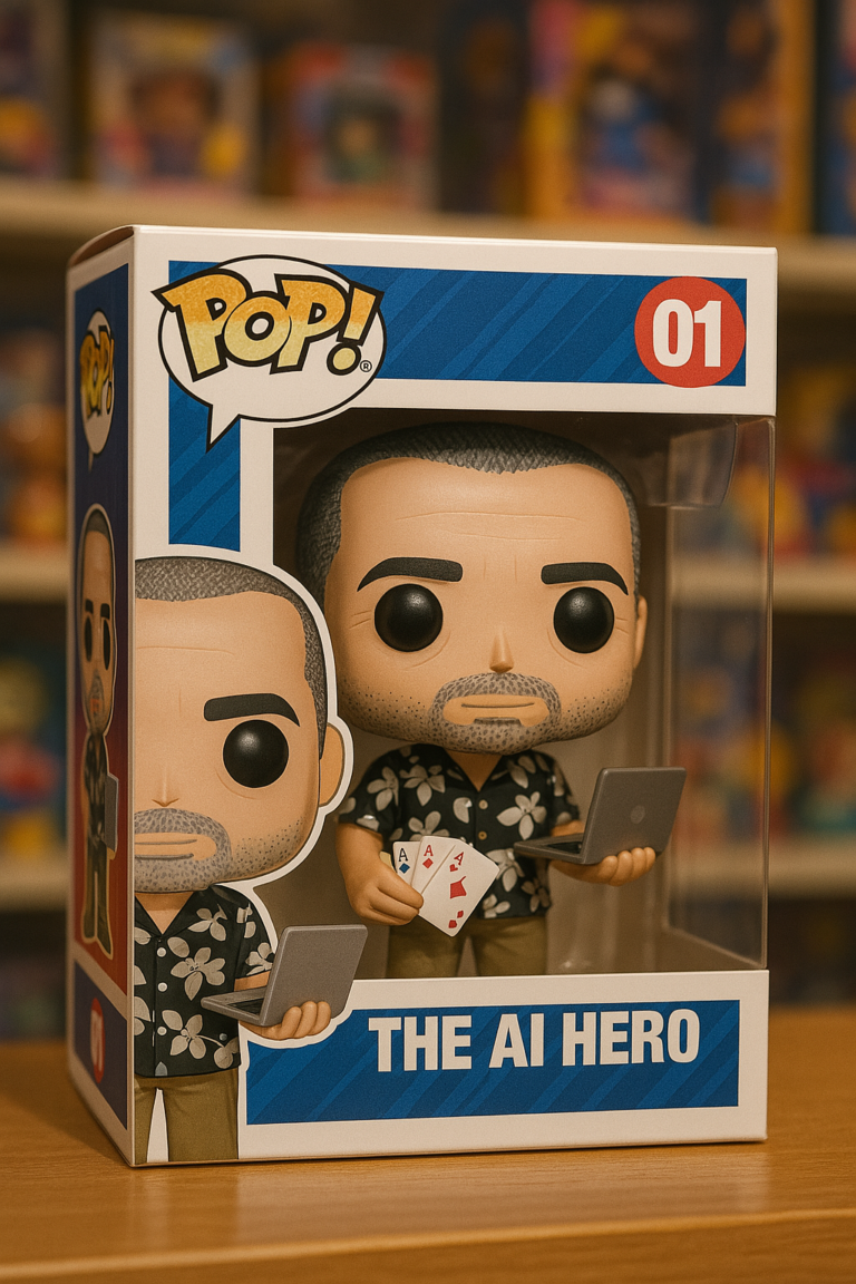 איור של דמות Funko POP בהתאמה אישית, בתוך קופסת צעצועים שקופה, עם אביזרים ייחודיים על מדף בחנות צעצועים