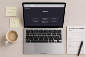 מחשב נייד פתוח עם ChatGPT על המסך, על שולחן עבודה מסודר, לצד מחברת, קפה ומתכנן משימות – סצנה המדגימה פרודוקטיביות עם בינה מלאכותית.