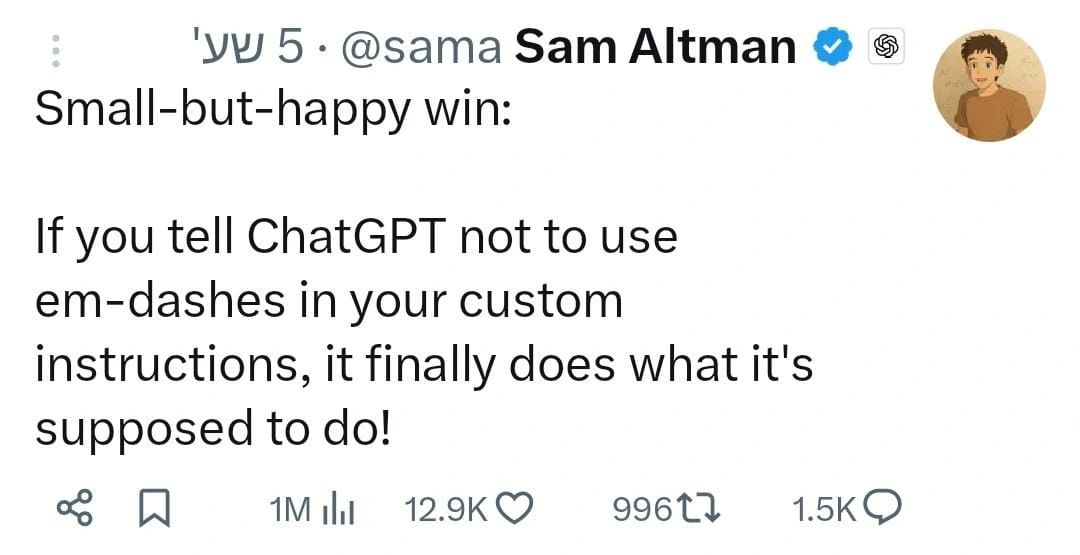 איך מזהים טקסט של AI? שיטות עדכניות לזיהוי תוכן בינה מלאכותית הצהרת סאם אלטמן לגבי שינוי בדרכי כתיבת מקפים ארוכים בבינה המלאכותית Chat GPT