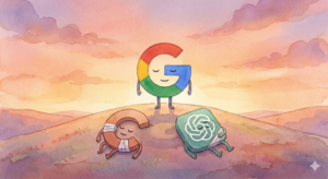 לוגו גוגל ג'מיני פלוס מתנשא מעל לוגו CHATGPT ולוגו קלוד ששוכבים מובסים על האדמה