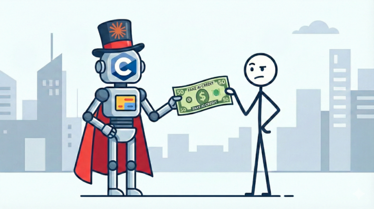 איור של רובוט עם לוגו קלוד מעניק שטר של 50 דולר לאדם על רקע עיר מודרנית.