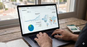 צילום מסך של דשבורד Google Analytics המציג נתוני תנועה של משחק בינה מלאכותית.