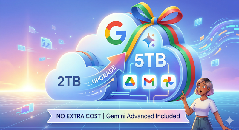 שדרוג אחסון גוגל ל-5TB: המהפכה של מנוייGOOGLE AI יוצאת לדרך שדרוג אחסון גוגל - יותר מקום לאותם ביצועים: המעבר ל-5TB בתוכנית ה-AI של גוגל.