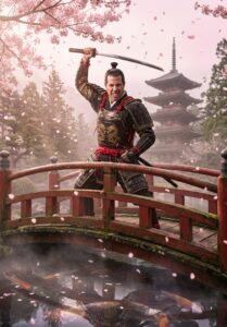 A hyper-realistic cinematic wide-angle shot of a person standing on a curved wooden bridge over a misty koi pond in a feudal Japanese garden during peak cherry blossom season. The person is wearing full traditional samurai armor