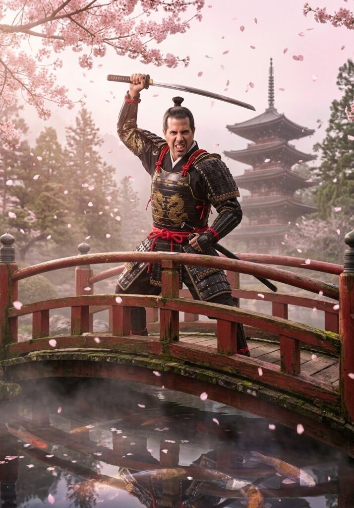 A hyper-realistic cinematic wide-angle shot of a person standing on a curved wooden bridge over a misty koi pond in a feudal Japanese garden during peak cherry blossom season. The person is wearing full traditional samurai armor
