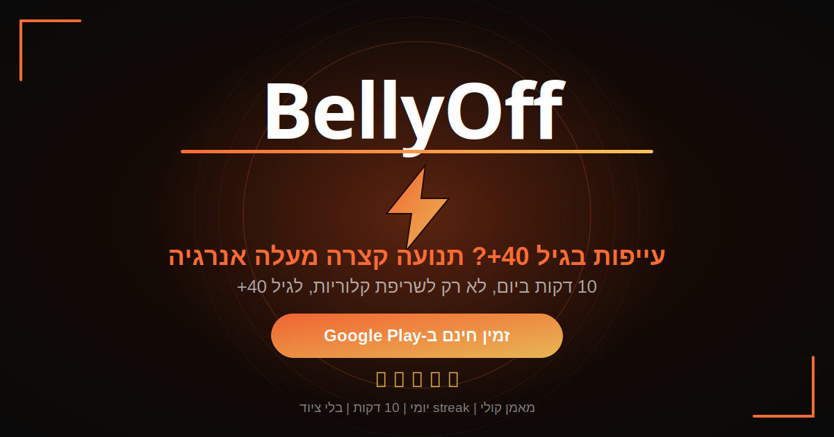 עייפות בגיל 40 ואנרגיה יומיומית עם BellyOff - 10 דקות ביום, מאמן קולי, streak