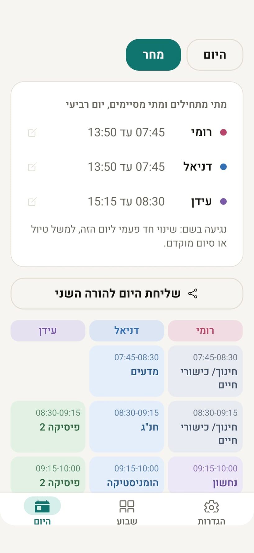 מסך היום מסך היום בשעת אפס עם שעות התחלה וסיום של כל ילד לפי לוח צלצולים בית ספר יסודי