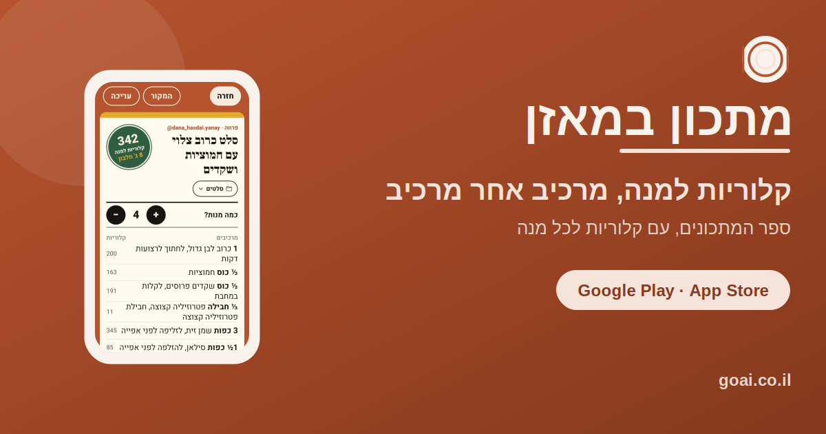 חישוב קלוריות במתכון לפי מרכיבים