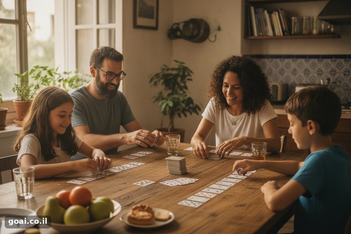 משחק קלפים גולף על שולחן מטבח, עם שורות קלפים הפוכים אצל כל שחקן