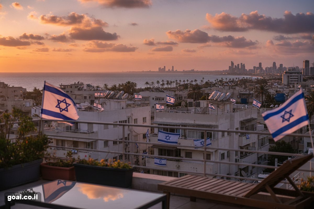 יום העצמאות: נוף מגג בתל אביב בשקיעה עם דגלי ישראל על מרפסות והים במרחק