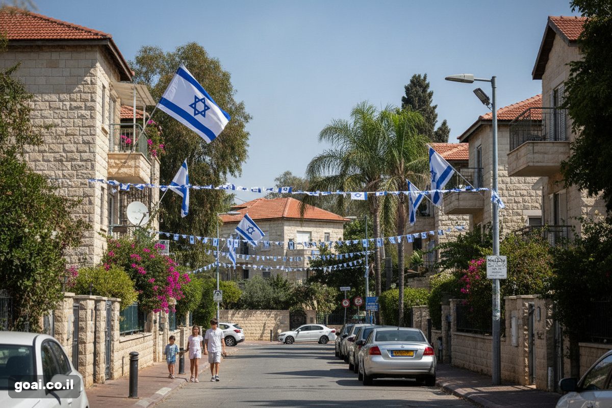יום העצמאות ה-78 למדינת ישראל: רחוב מגורים בישראל מקושט בדגלים ובקישוטי כחול לבן ביום שמשי