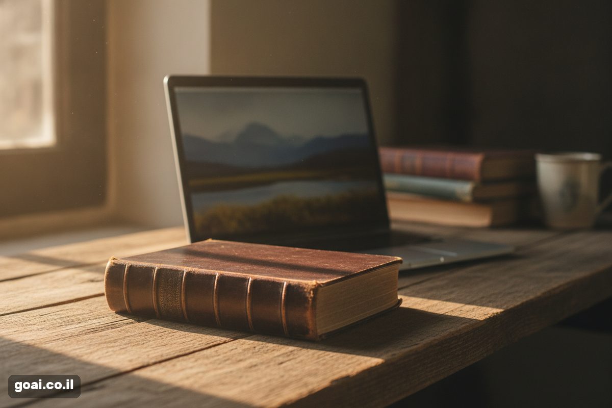 LLM Bible: ספר ישן ועבה בכריכת עור ליד מחשב נייד על שולחן