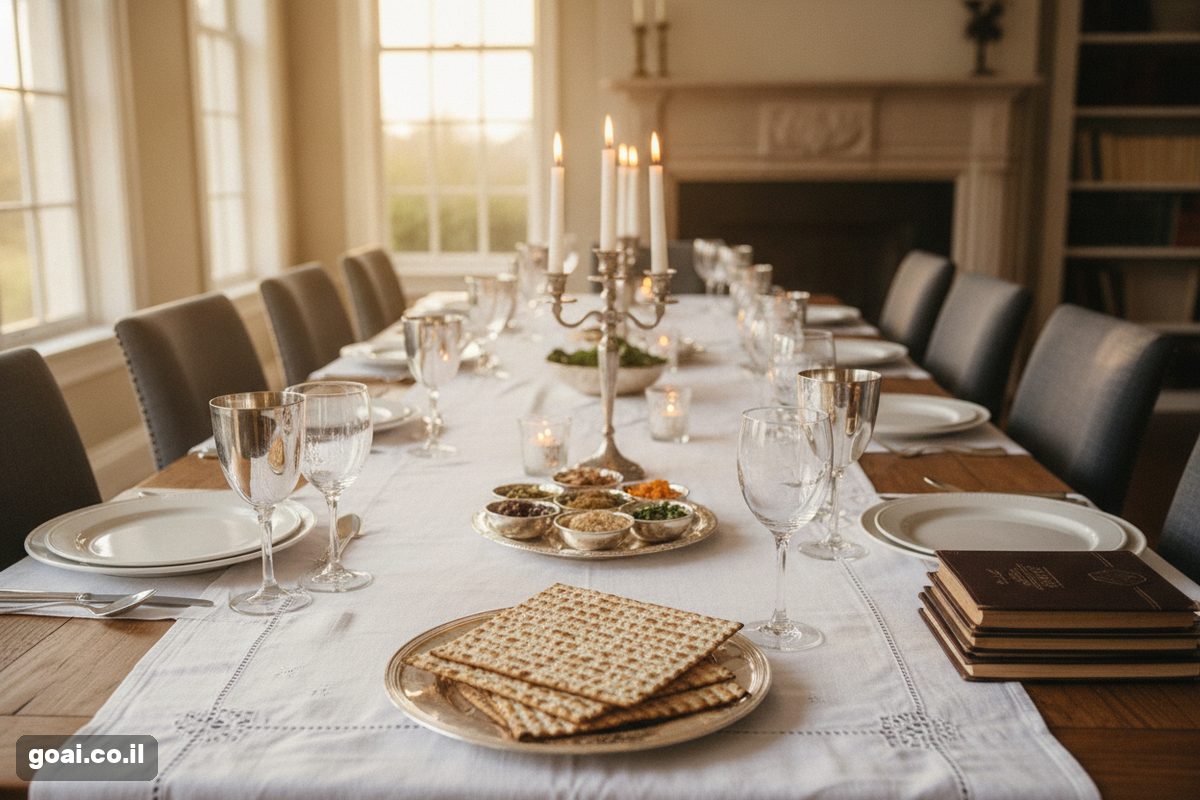 Passover תמונות AI: שולחן פסח חגיגי ערוך למשפחה גדולה עם כוסות יין ומצות, נרות דולקים